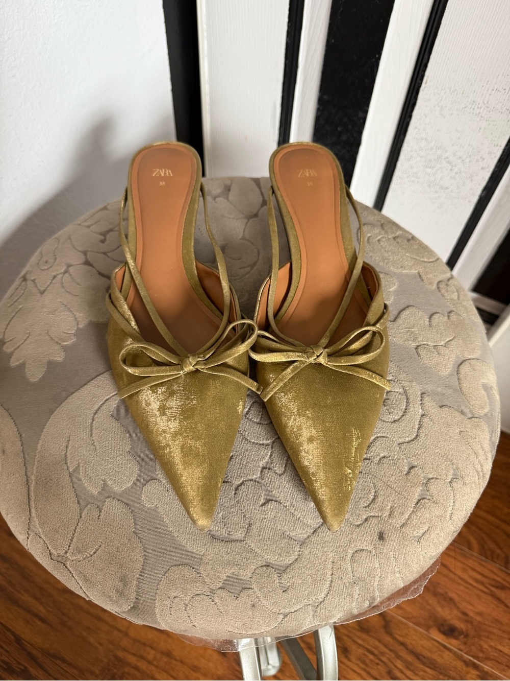 Zara Olive Green Velvet Pointed Toe Mules